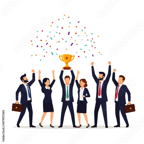 A jubilant business team celebrates a victory, raising a golden trophy amidst a shower of confetti, symbolizing success and achievement.
