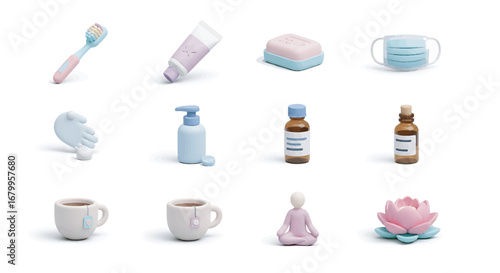 Collection of hygiene and wellness items arranged on a white surface representing selfcare and healthy lifestyle with a calm and peaceful mood.