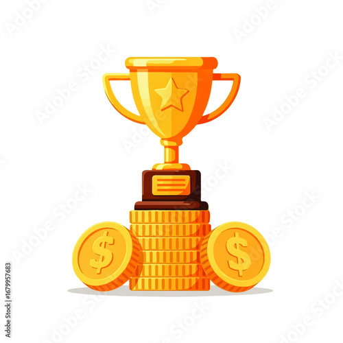 A golden trophy sits atop a stack of gold coins, symbolizing financial success and achievement.