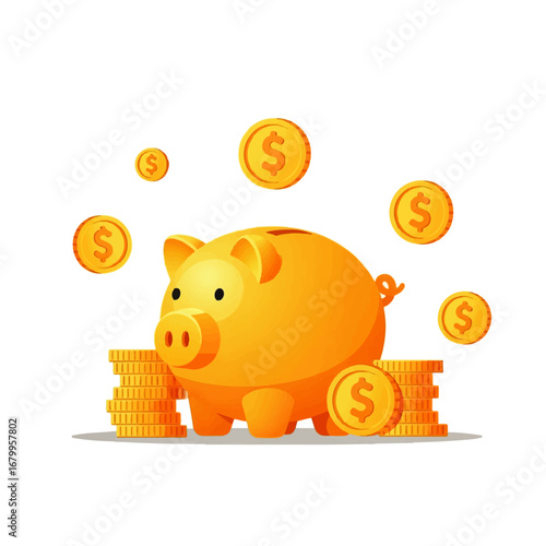 A golden piggy bank sits amidst stacks and falling gold coins, symbolizing wealth accumulation and financial prosperity.