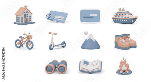 Clay figurines representing travel essentials arranged on a white surface, evoking a sense of adventure and wanderlust.