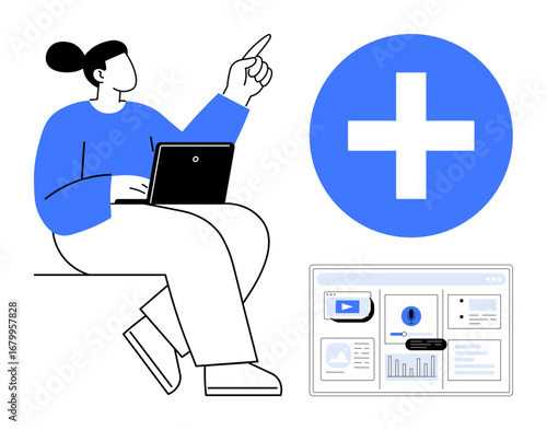 Woman pointing while using a laptop, digital dashboard with analytics, and a prominent plus sign. Ideal for teamwork, innovation, productivity, technology, education, strategy and healthcare themes