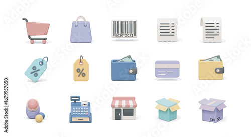 Collection of pastel shopping elements representing online retail and ecommerce on a clean white surface, creating a modern and minimalist aesthetic.