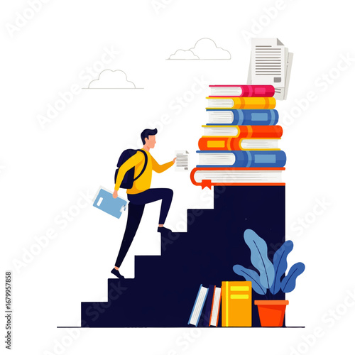 A determined student ascends a staircase of books, symbolizing academic achievement and a bright future.