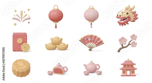 Delicate chinese new year decorations arranged on white surface, showcasing traditional elements and festive spirit in soft pastel tones.