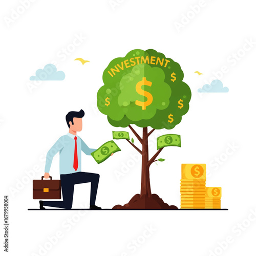 A businessman kneels, tending to a money tree, symbolizing investment growth and financial prosperity under a bright sky.