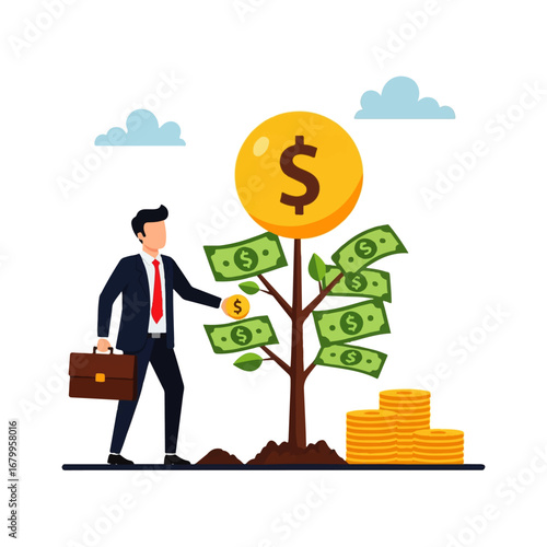 A businessman invests a gold coin into a money tree, fostering growth and financial prosperity under a bright, optimistic sky.