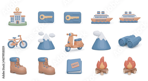 Clay travel icons depicting airport, key card, cruise ship, bicycle, scooter, mountains, binoculars, boots, passport, and campfire, representing adventure and exploration.