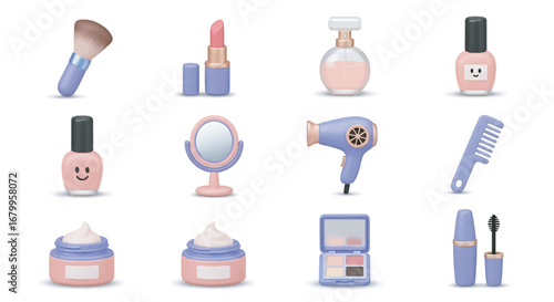 Pastel cosmetic products arranged neatly on a white surface, showcasing beauty and personal care items in a clean, minimalist aesthetic.