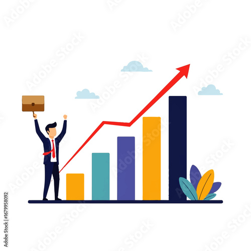 A jubilant businessman celebrates financial success, triumphantly raising his briefcase against a backdrop of a soaring bar graph, signifying growth and achievement.
