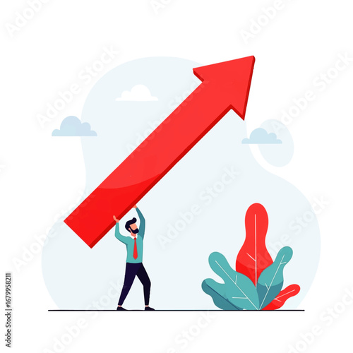 A determined businessman struggles to lift a giant red arrow upward, symbolizing the challenges of achieving growth in a serene outdoor setting.