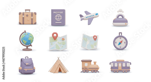 Pastel travel icons representing journey elements arranged on white surface showing adventure and exploration in a minimalist style.