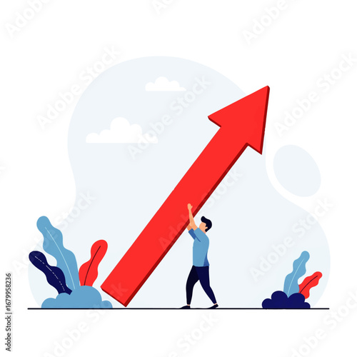A determined man struggles to lift a giant red arrow upwards, symbolizing perseverance and growth against a serene, minimalist background.