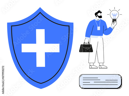 Man holding lightbulb while carrying a briefcase, next to a shield with a medical cross. Ideal for innovation, insurance, safety, healthcare, protection, business security, and medical solutions