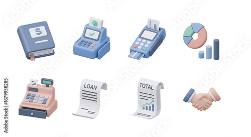 3D financial objects representing banking and accounting services displayed on white surface showcasing modern business and money management, optimistic.