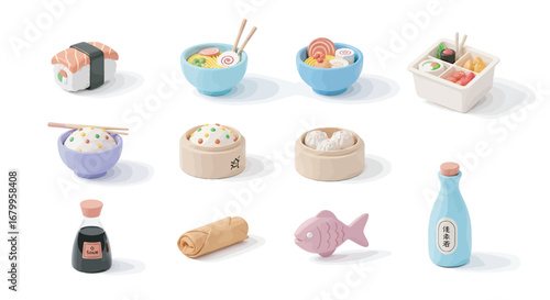 Assorted miniature toy food representing popular Japanese dishes arranged on a white surface, creating a playful and appetizing display.