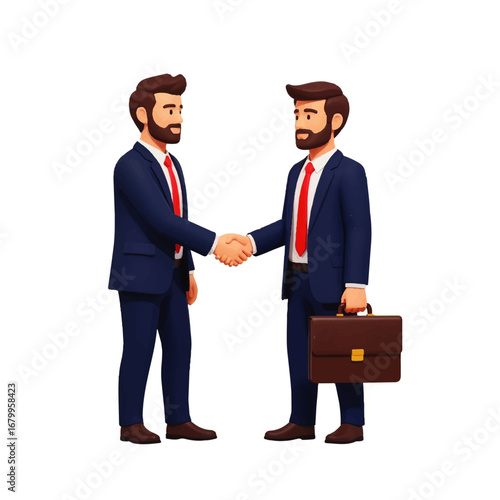 Two smiling businessmen in suits shake hands, signifying a successful business deal against a clean white background.