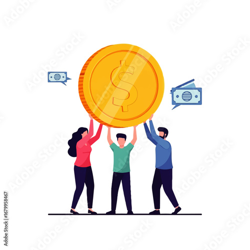 Three diverse colleagues collaboratively lift a giant gold dollar coin, symbolizing teamwork and financial success.
