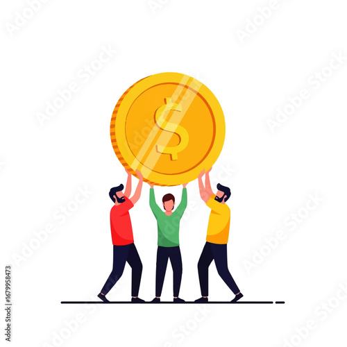 Three men cooperatively lift a giant golden dollar coin, symbolizing teamwork, financial success, and shared prosperity.