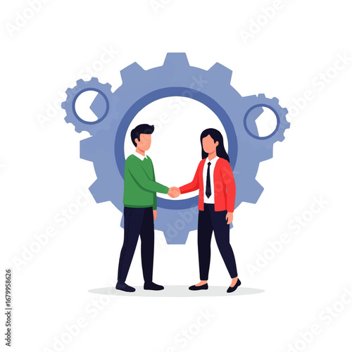 A man and woman shake hands in front of large gears, symbolizing a successful business partnership and collaboration.