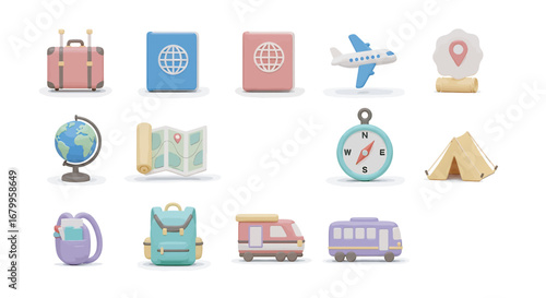 Pastel travel elements arranged on white surface representing vacation planning and wanderlust, evoking a sense of adventure and relaxation.