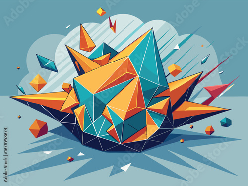Abstract geometric crystal formation with sharp edges and facets in vibrant orange and teal colors isolated on transparent background