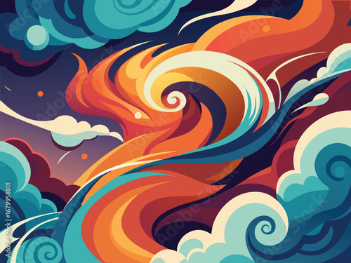 Vibrant abstract swirling illustration with dynamic smoky shapes and colorful clouds perfect for backgrounds