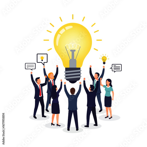 A jubilant team of business professionals celebrates a brilliant idea, symbolized by a large glowing lightbulb, signifying innovation and success.