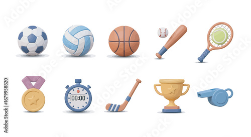 Collection of sports equipment and awards displayed on white surface representing athletic competition and achievement, creating a vibrant and energetic atmosphere.