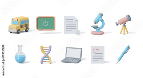 3D rendered school bus, chalkboard, documents, microscope, telescope, flask, dna, laptop, and pen representing education and learning on a white background.