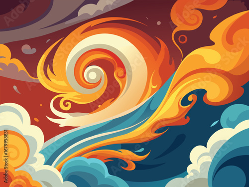 Abstract dynamic swirl illustration vector graphic with fiery orange and teal energy flowing through clouds
