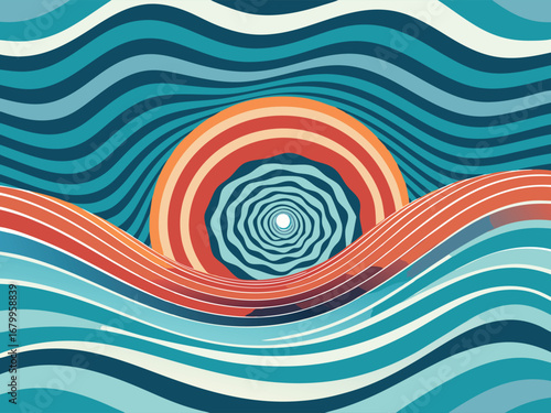 Abstract wavy lines forming a psychedelic tunnel and ocean waves with a retro sunset isolated on transparent background