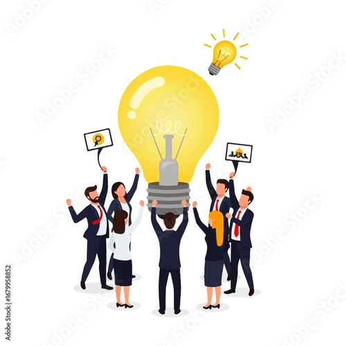 A celebratory team of business professionals joyfully lifts a giant lightbulb, symbolizing innovative success and shared achievement.