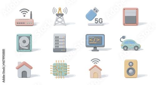 Collection of pastelcolored technology symbols representing modern connectivity and digital lifestyle on a clean white surface, conveying simplicity and innovation.