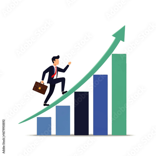 A determined businessman confidently ascends a rising bar graph, symbolizing ambitious growth and career success.