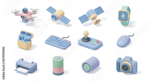 Various tech gadgets arranged on white surface showcasing modern technology and connectivity in a clean, minimalist style.