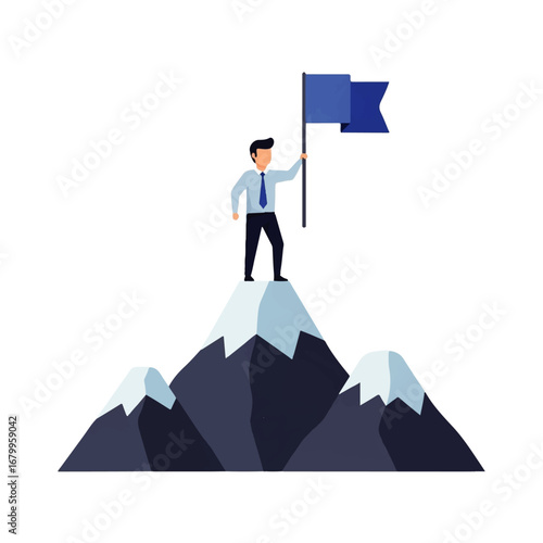 A triumphant businessman stands atop a snow-capped mountain peak, proudly holding a blue flag, symbolizing achievement and success.