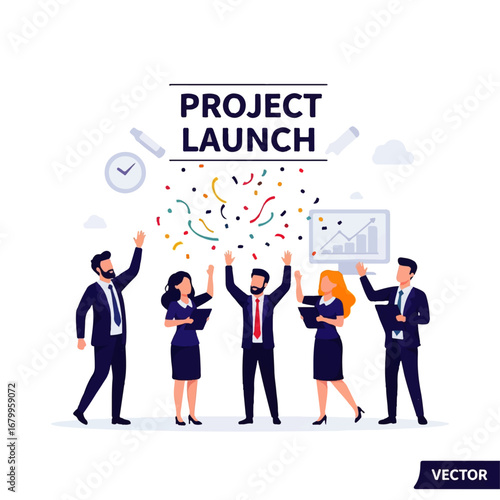 A jubilant business team celebrates a successful project launch amidst colorful confetti and rising graphs.