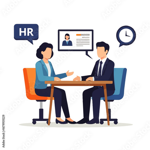 An HR manager and job applicant converse at a table during a professional interview, showcasing a serious yet hopeful atmosphere.