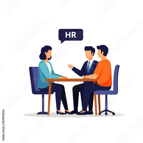 Two job applicants attentively listen to an HR representative during a serious interview at a wooden table.