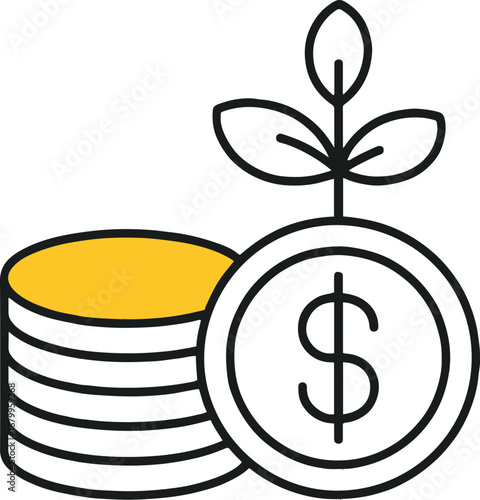 Vector art of investment growth with money coins and plant, representing business success, financial growth, and economic development, showcasing investment returns and wealth creation