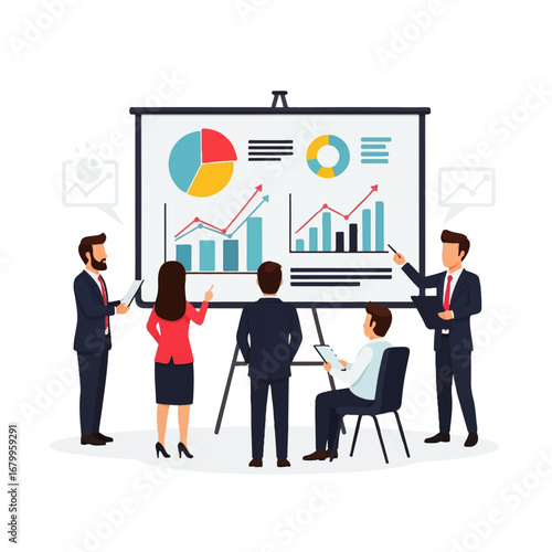 A business team collaborates on a presentation, reviewing upward trending graphs and charts during a productive meeting.