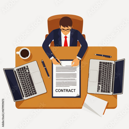 A businessman sits at his desk, meticulously signing a contract, surrounded by laptops and office supplies, conveying a sense of serious business.