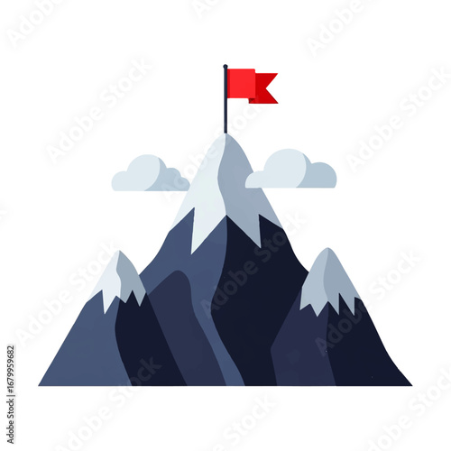 A red flag victoriously waves atop a snow-capped mountain peak, symbolizing achievement and success under a partly cloudy sky.