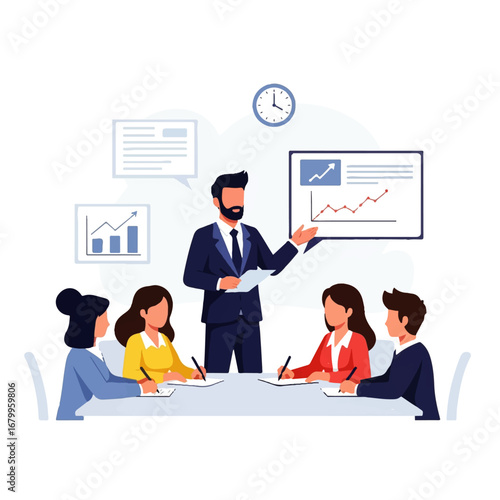 A confident businessman presents positive growth data to attentive colleagues during a productive business meeting.