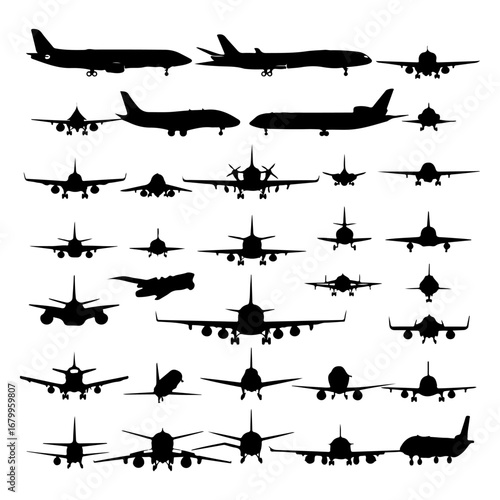 Collection of airplane silhouettes in various positions, showcasing different aircraft types and angles.