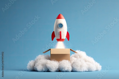 A rocket launching from a cardboard box nestled in clouds against a light blue backdrop