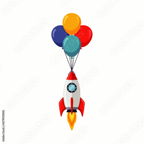 A whimsical rocket ship, propelled by colorful balloons, ascends playfully against a white background, evoking a joyful, adventurous mood.