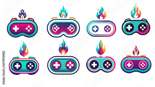 Neon Gamer Emblem Logo Set – Minimal Gradient Controller Mask with D-Pads and Geometric Flame