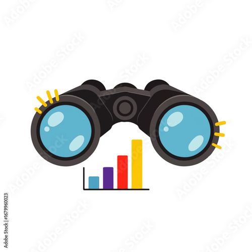 Binoculars focus on an upward trending bar graph, symbolizing future growth and strategic vision.